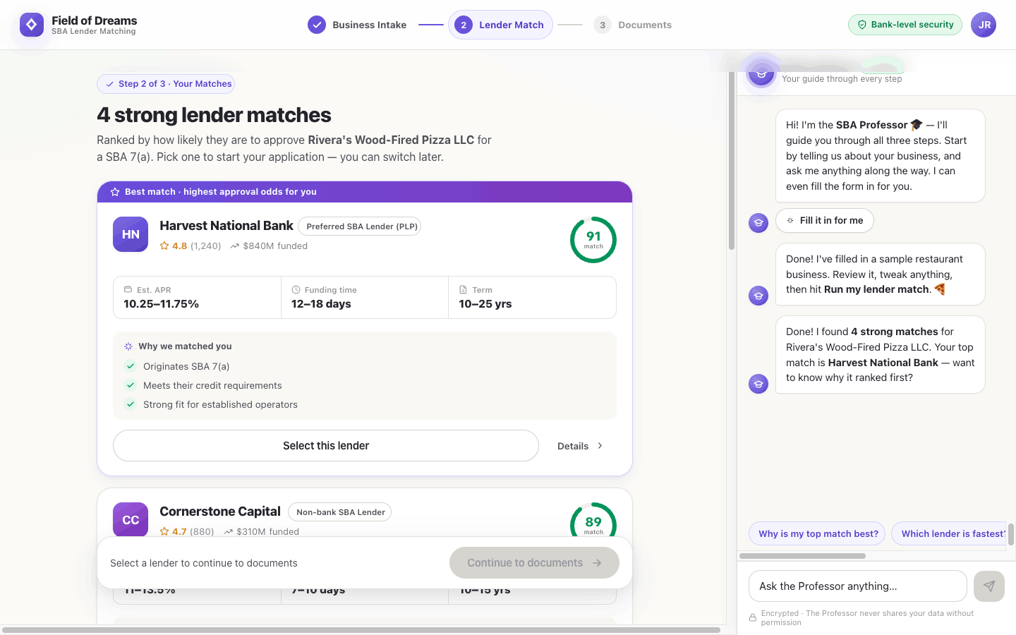 Lender match results with scores